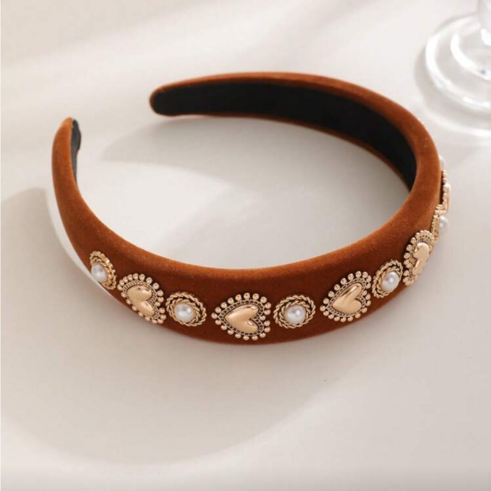Elegant Brown velvet Headband with heart shaped Gold Accents - Picture 3 of 11